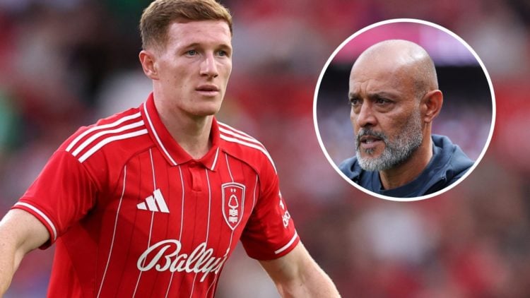 Elliot Anderson in action during Nottingham Forest vs Al Qadsiah. Inset: Nuno Espírito Santo during Crystal Palace vs Nottingham Forest