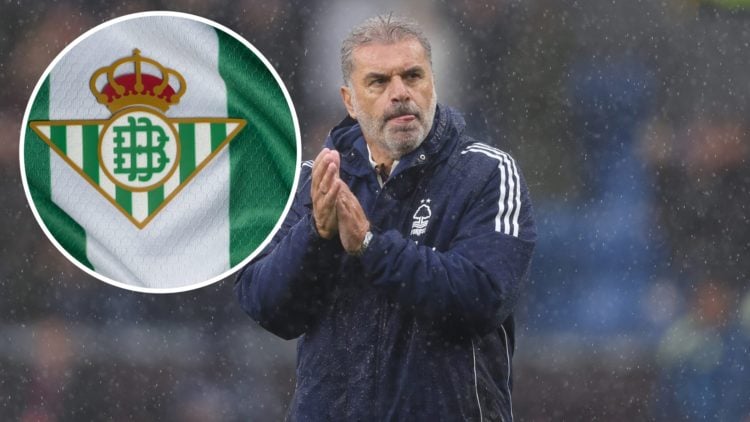 Main: Ange Postecoglou applauding Nottingham Forest fans Overlay: Real Betis badge