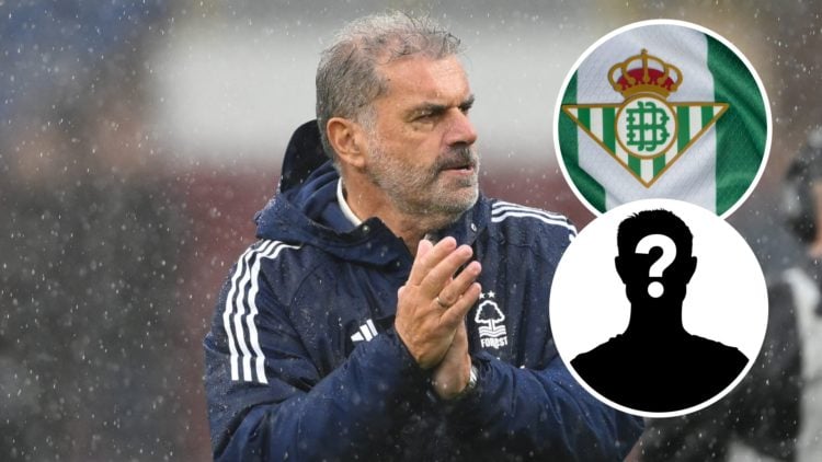 Main: Ange Postecoglou applauds Nottingham Forest fans Overlay: Real Betis badge Inset: Mystery player