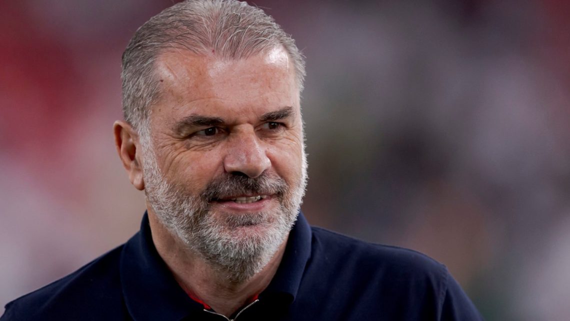 Ange Postecoglou looking on after winning the Europa League with Spurs Overlay: Europa League logo