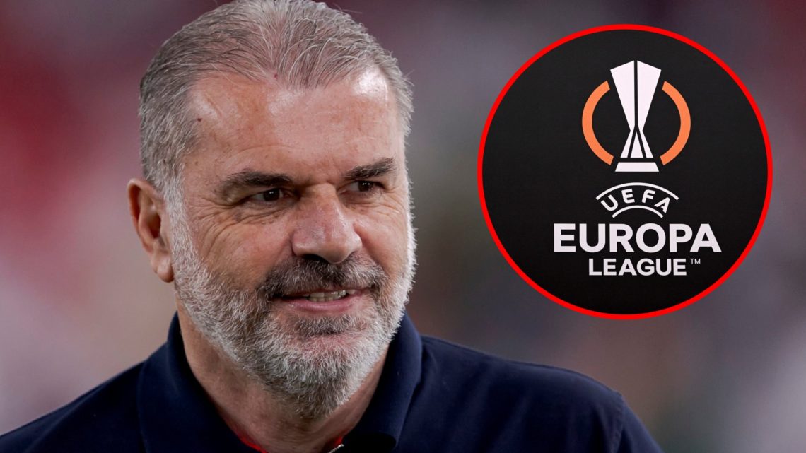 Main: Ange Postecoglou looking on after winning the Europa League with Spurs Overlay: Europa League logo