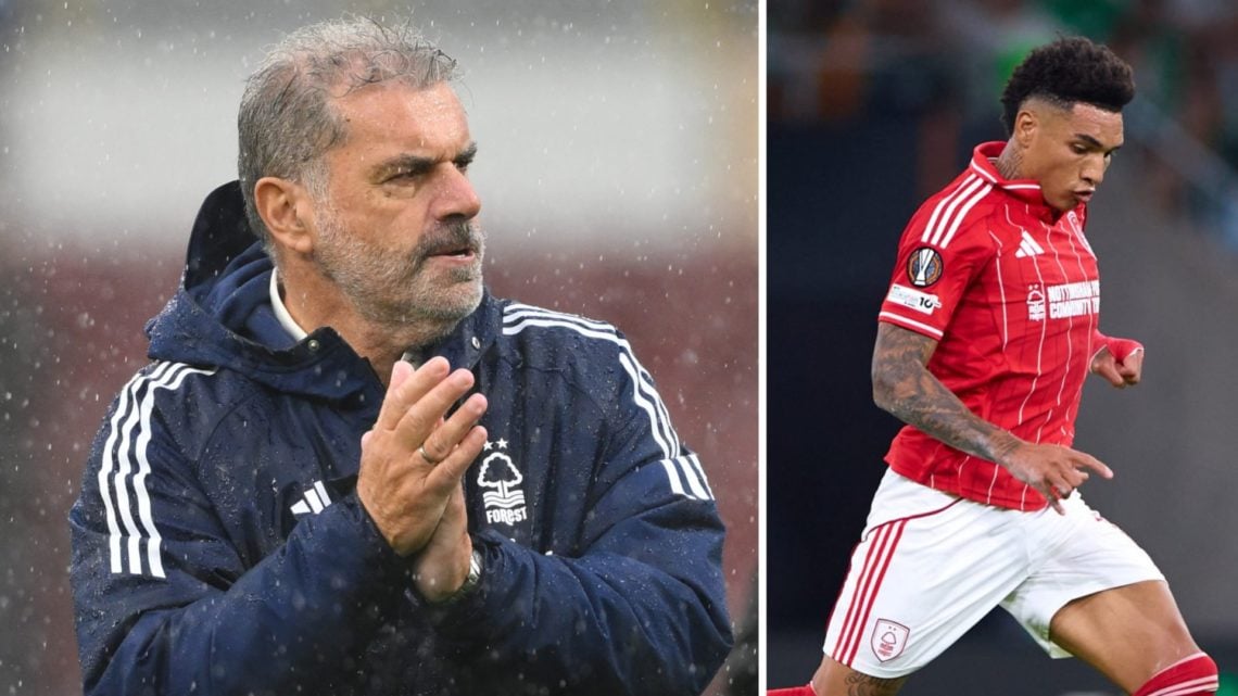 Left: Ange Postecoglou applauds Nottingham Forest fans vs Burnley Right: Igor Jesus in action against Real Betis for Nottingham Forest