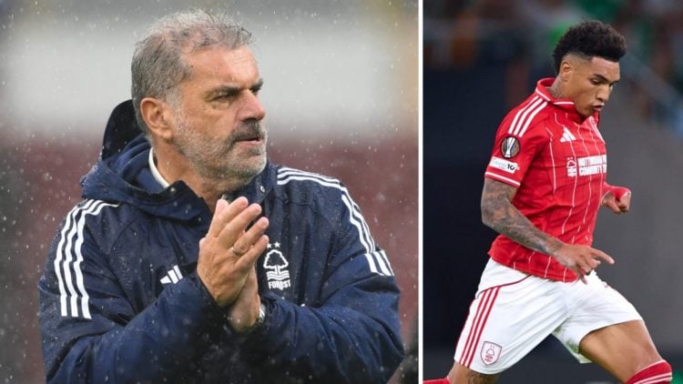 Left: Ange Postecoglou applauds Nottingham Forest fans vs Burnley Right: Igor Jesus in action against Real Betis for Nottingham Forest