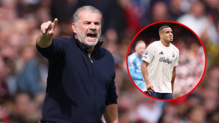 Main: Ange Postecoglou giving instructions to Nottingham Forest players Overlay: Murillo struggling with an injury