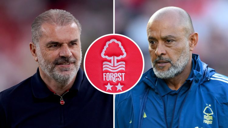 Split image of: Ange Postecoglou during the Europa League final between Tottenham and Manchester United and Nuno Espírito Santo looking on during N...