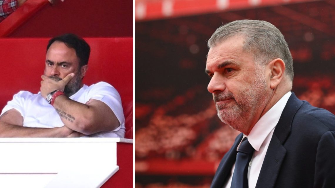Left: Evangelos Marinakis watches Forest and Right: Ange Postecoglou in charge of Tottenham