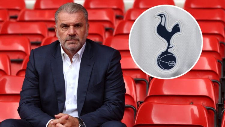 Ange Postecoglou unveiled as new Nottingham Forest head coach at the City Ground. Inset: The Tottenham Hotspur badge.