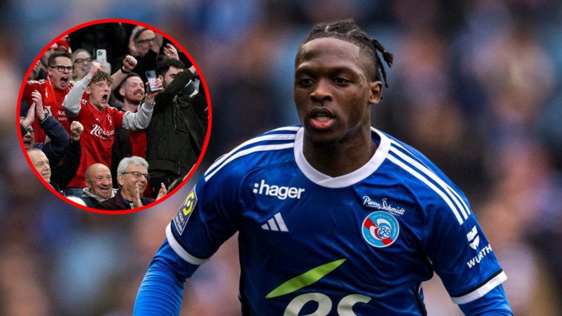 Main: Dilane Bakwa in action for Strasbourg Overlay: Nottingham Forest fans