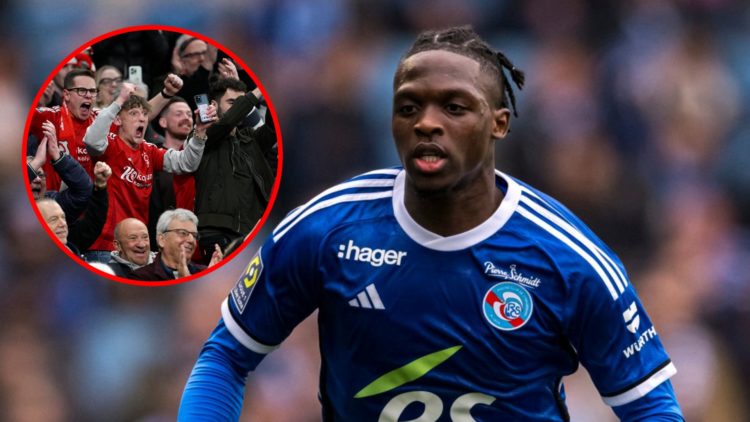 Main: Dilane Bakwa in action for Strasbourg Overlay: Nottingham Forest fans