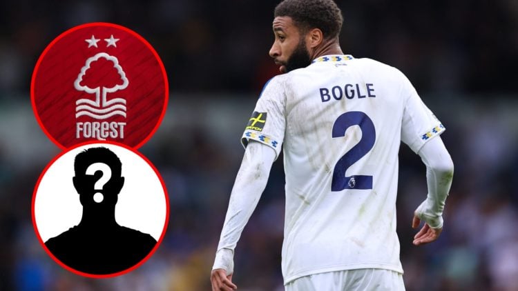 Main: Jayden Bogle playing for Leeds United Overlay: Nottingham Forest badge Inset: Mystery