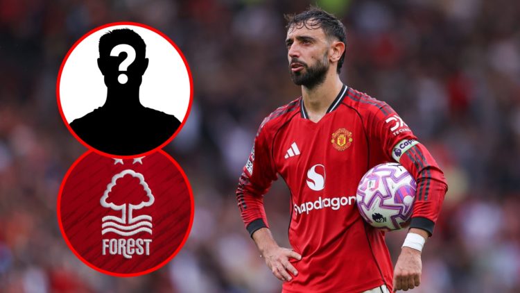 Main: Bruno Fernandes holding the ball for Manchester United Overlay: Nottingham Forest badge Inset: Mystery player