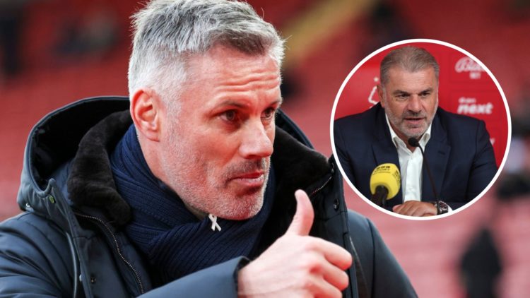 Main: Jamie Carragher gives thumbs up while working as Sky pundit Overlay: Ange Postecoglou in Nottingham Forest press conference