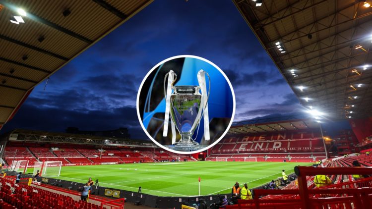 A general interior view of the City Ground at night. Inset: The Champions League trophy