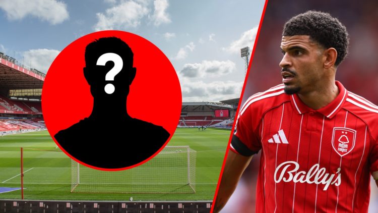 Left: An empty City Ground before a match Right: Morgan Gibbs-White in action for Nottingham Forest Inset: Mystery player