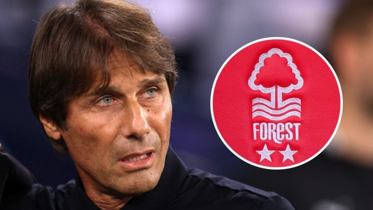Antonio Conte takes charge of Napoli vs Manchester City. Inset: The Nottingham Forest badge