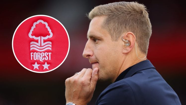 Michael Dawson on punditry duty for Nottingham Forest vs Brentford. Inset: The Nottingham Forest badge