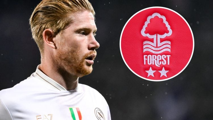 Kevin De Bruyne during Fiorentina vs Napoli. Inset: The Nottingham Forest badge