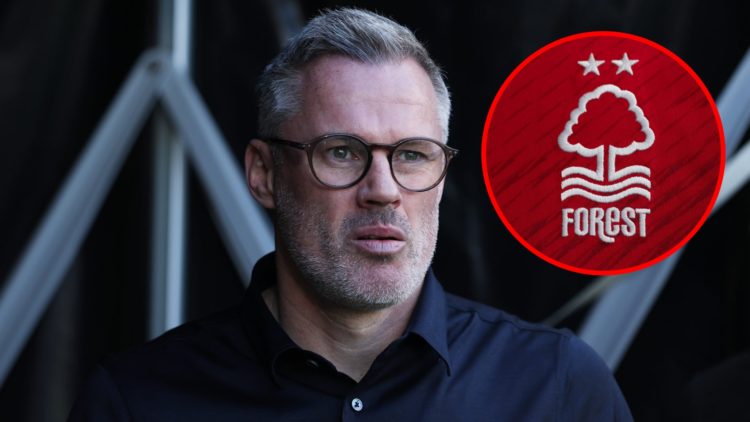 Main: Jamie Carragher working as a pundit for Sky Sports Overlay: Nottingham Forest badge