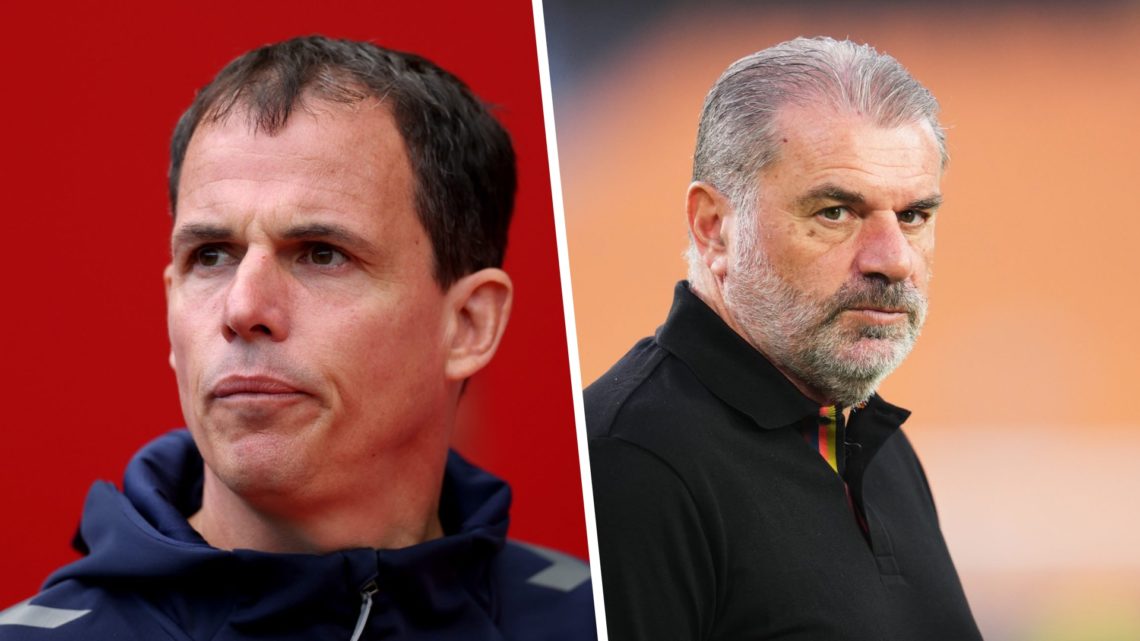 Left: Regis Le Bris, Manager of Sunderland, looks on prior to the Premier League match between Sunderland and Aston Villa Right: Ange Postecoglou l...