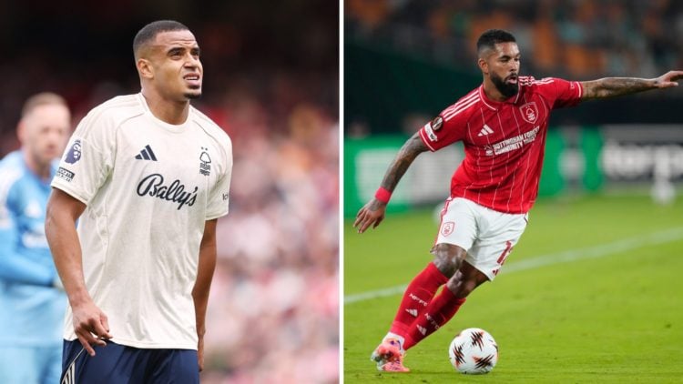 Left: Murillo struggling with injury against Arsenal for Nottingham Forest Right: Douglas Luiz in action for Nottingham Forest
