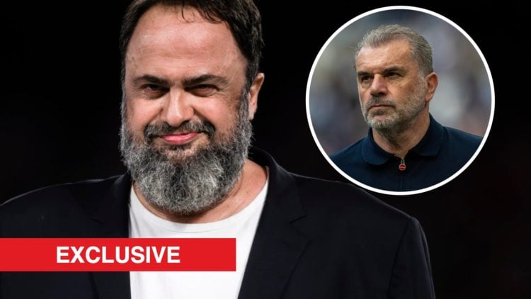 Evangelos Marinakis smiling after Olympiacos won the UEFA Conference League. Inset: Ange Postecoglou during Tottenham vs Brighton.