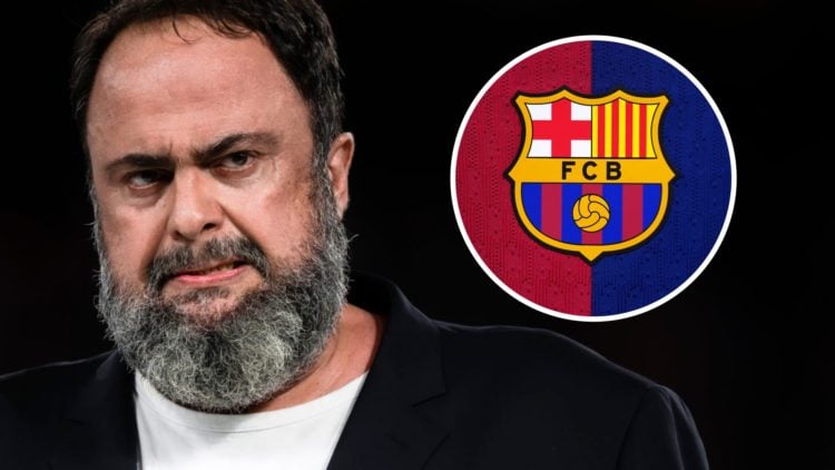 Evangelos Marinakis looks on after Olympiacos won the UEFA Conference League. Inset: The Barcelona badge