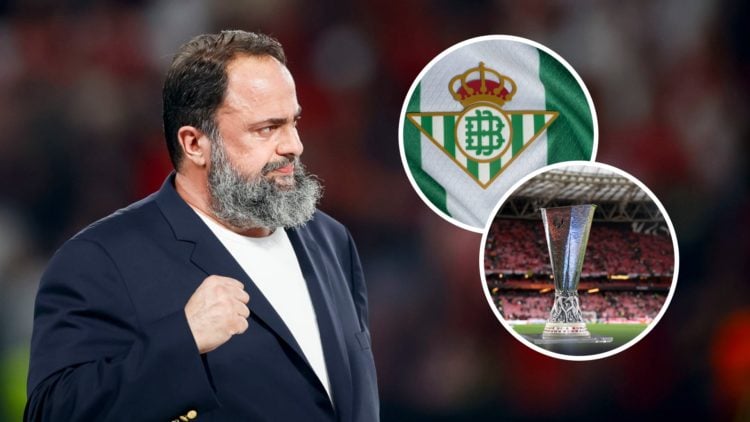 Evangelos Marinakis celebrates after Olympiacos won the 2024 UEFA Conference League. Insets: The Europa League trophy and a detailed look at the Re...