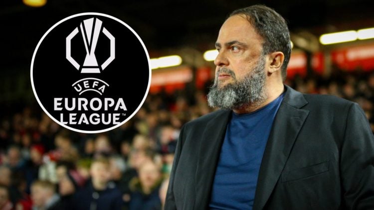 Evangelos Marinakis attends Nottingham Forest vs Arsenal. Inset: The Europa League logo.