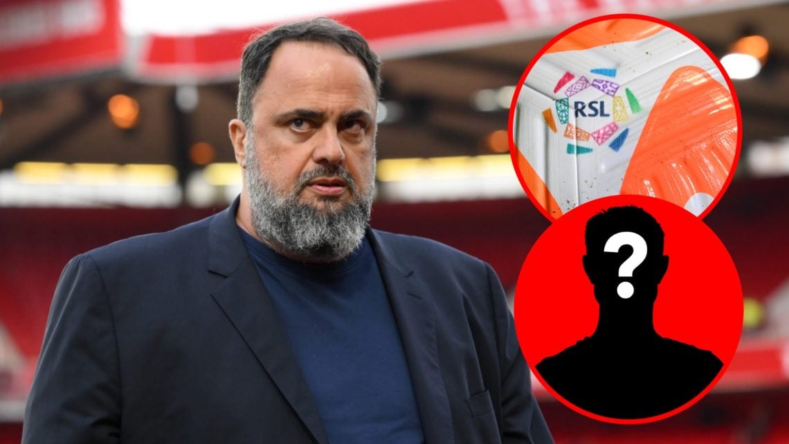 Main: Evangelos Marinakis looks on at the City Ground before Nottingham Forest play Sunderland Overlay: Saudi Pro League logo Inset: Mystery player