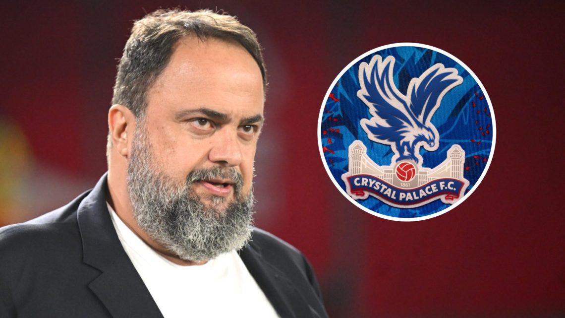 Evangelos Marinakis looks on prior to the Premier League match between Nottingham Forest and Liverpool. Inset: The Crystal Palace badge