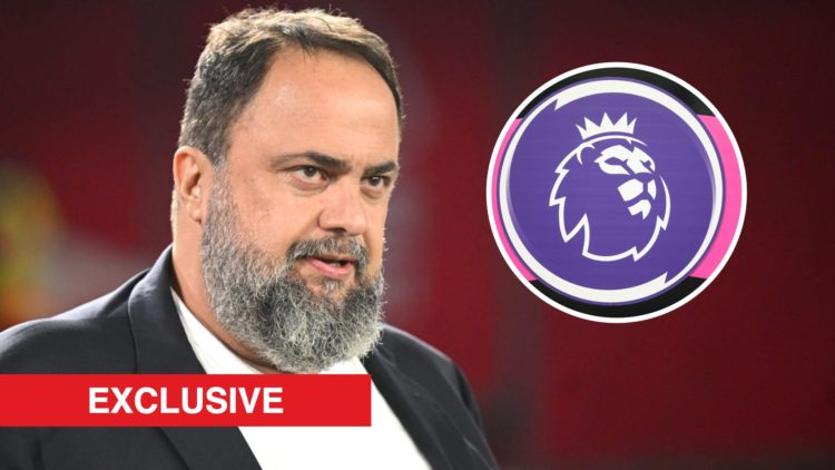 Evangelos Marinakis attends Nottingham Forest vs Liverpool. Inset: The Premier League logo