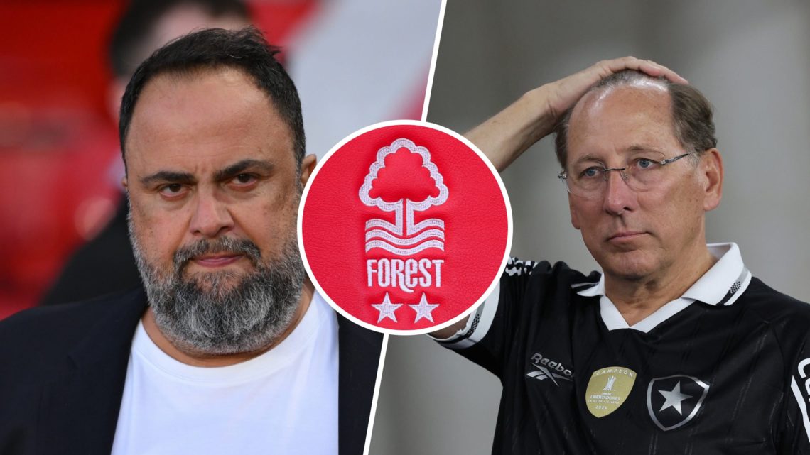 Split image of: Evangelos Marinakis ahead of Nottingham Forest vs Manchester United and John Textor attending Botafogo vs Corinthians. Inset: The N...