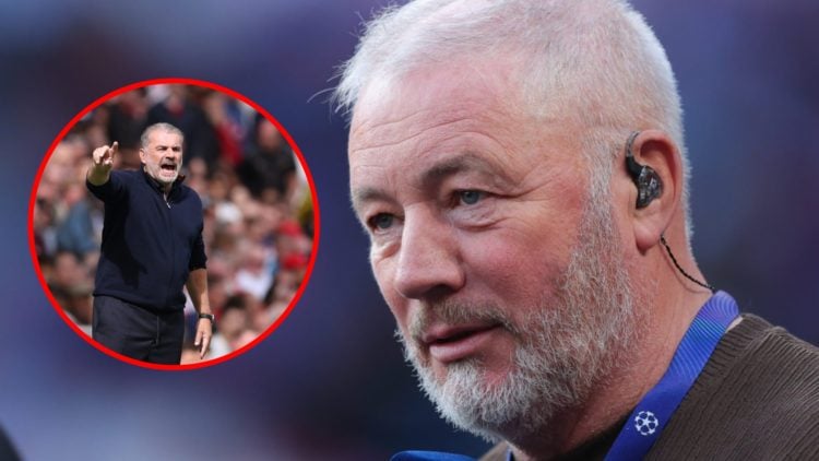 Main: Ally McCoist working as a pundity for TNT Sports during PSG vs Arsenal second leg at Parc des Princes Overlay: Ange Postecoglou on the sideli...