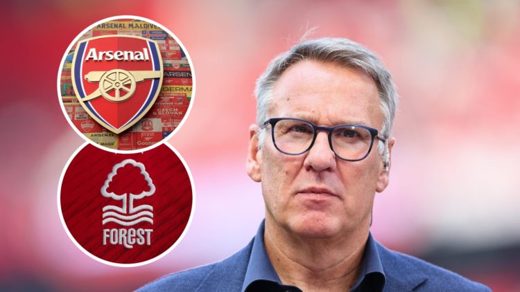 Main: Paul Merson working as a TV pundit Overlay: Nottingham Forest badge Overlay: Arsenal badge
