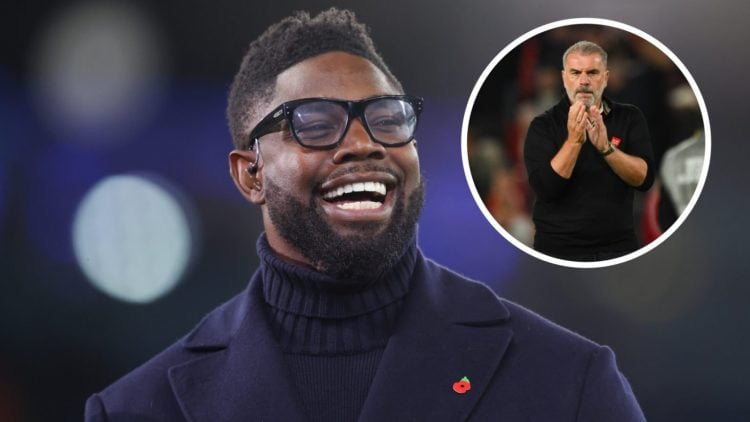 Main: Micah Richards laughing while working as TV pundit Overlay: Ange Postecoglou applauding Nottingham Forest supporters