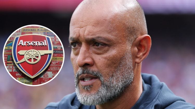 Main: Nuno Espirito Santo looks on as Nottingham Forest manager Overlay: Arsenal badge