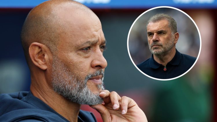 Nuno Espirito Santo watching his Nottingham Forest team compete. Inset: Ange Postecoglou looks on during Tottenham vs Brighton