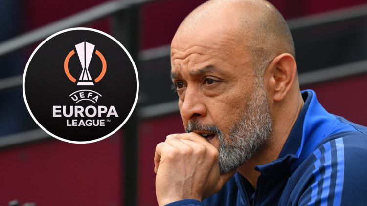 Nuno Espírito Santo looks on during West Ham United vs Nottingham Forest. Inset: The Europa League badge