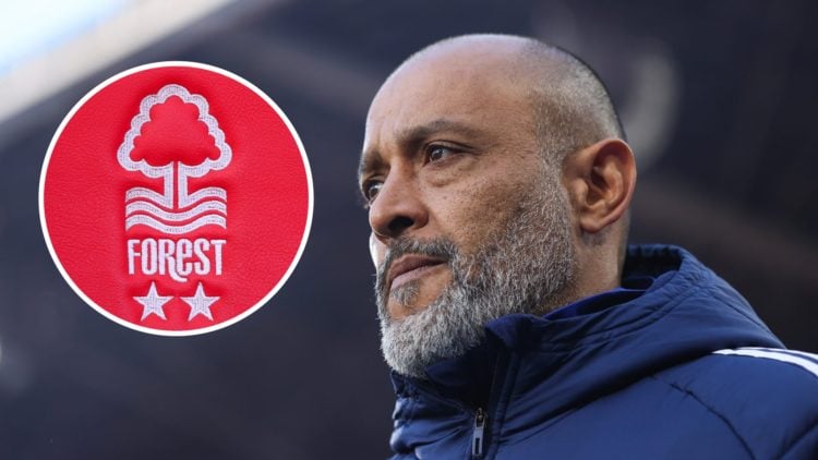 Nuno Espírito Santo looks on during Crystal Palace vs Nottingham Forest. Inset: The Nottingham Forest badge