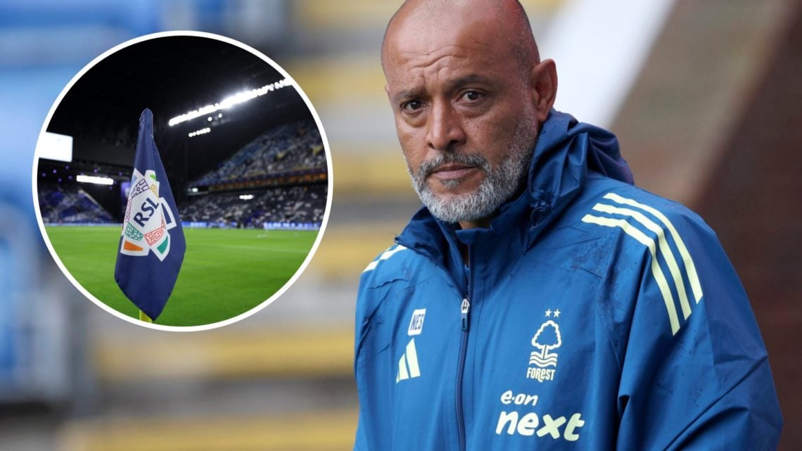 Nuno Espírito Santo ahead of Nottingham Forest vs AS Monaco in pre-season. Inset: the Saudi Pro League badge on a corner flag