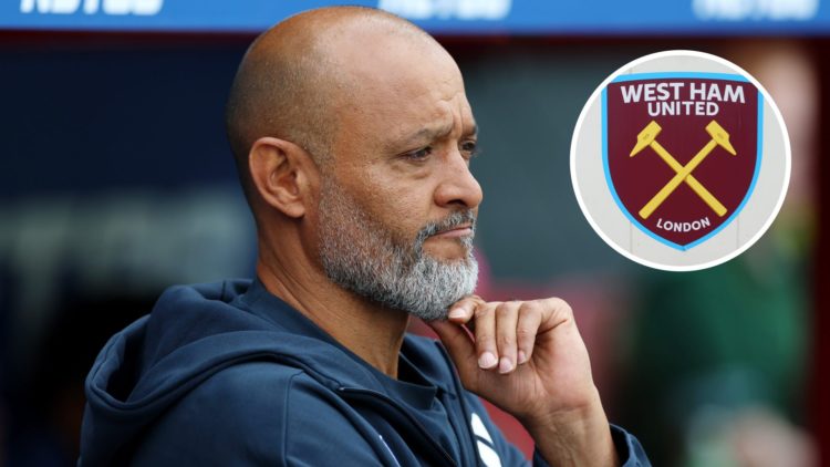 Former Nottingham Forest manager Nuno Espirito Santo. Inset of West Ham United badge.
