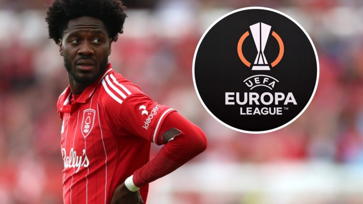 Ola Aina during Nottingham Forest vs West Ham. Inset, the Europa League badge