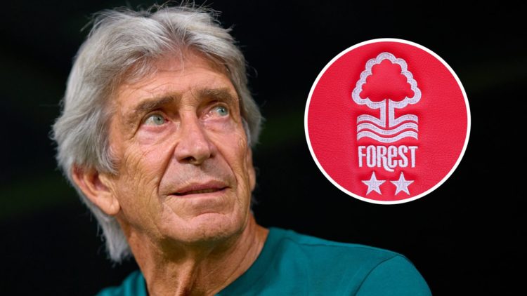 Manuel Pellegrini during Real Betis vs Real Sociedad. Inset: The Nottingham Forest badge
