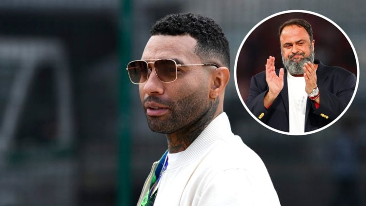 Main: Jermaine Pennant at an F1 event in England Overlay: Evangelos Marinakis clapping supporters
