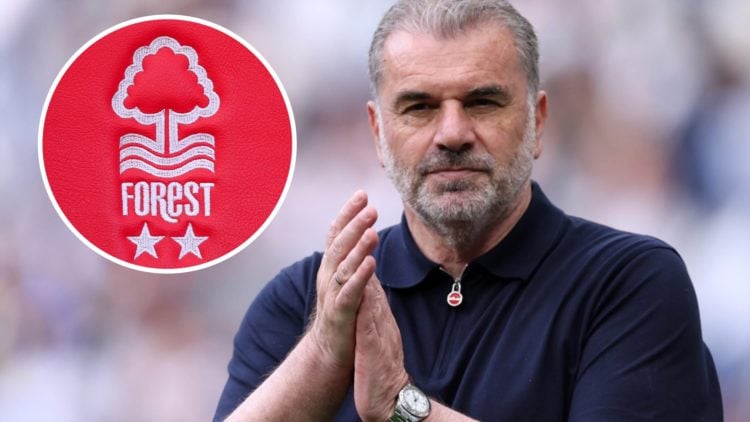 Ange Postecoglou applauds the fans after Tottenham vs Brighton. Inset: The Nottingham Forest crest