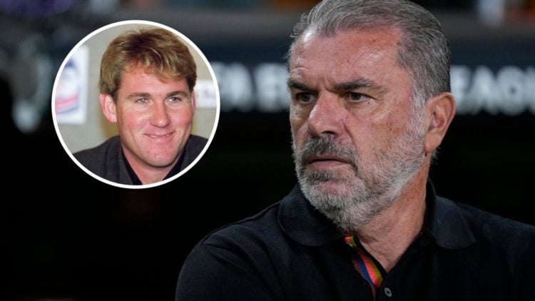 Ange Postecoglou during Real Betis vs Nottingham Forest. Inset: Simon Jordan during a press conference as Crystal Palace owner.