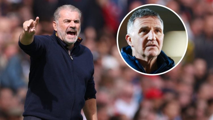 Ange Postecoglou managing Nottingham Forest on the touchline against Arsenal. Inset: Warren Joyce during Doncaster Rovers vs Nottingham Forest B