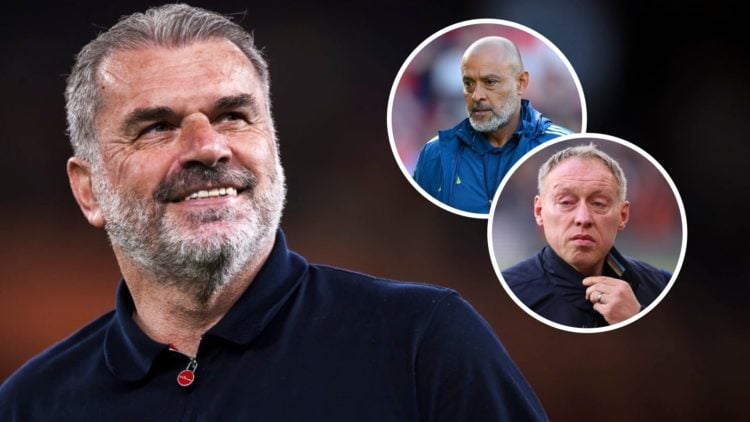 Ange Postecoglou smiles after Tottenham won the Europa League. Insets: Nuno Espírito Santo looks on during Nottingham Forest vs Al Qadsiah and Stev...