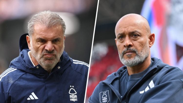 Split image of: Ange Postecoglou during Burnley vs Nottingham Forest and Nottingham Forest boss Nuno Espirito Santo during the Crystal Palace game.