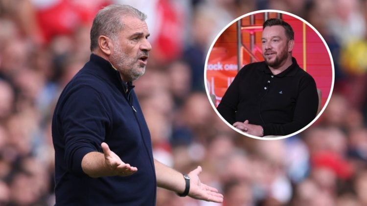 Ange Postecoglou questions a decision during Arsenal vs Nottingham Forest. Inset: Jamie O'Hara attends the 2024 TCA Winter Press Tour